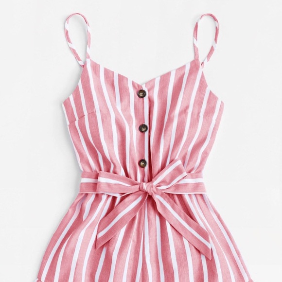Pink Striped Romper With Button & Bow Detail - Picture 6 of 8